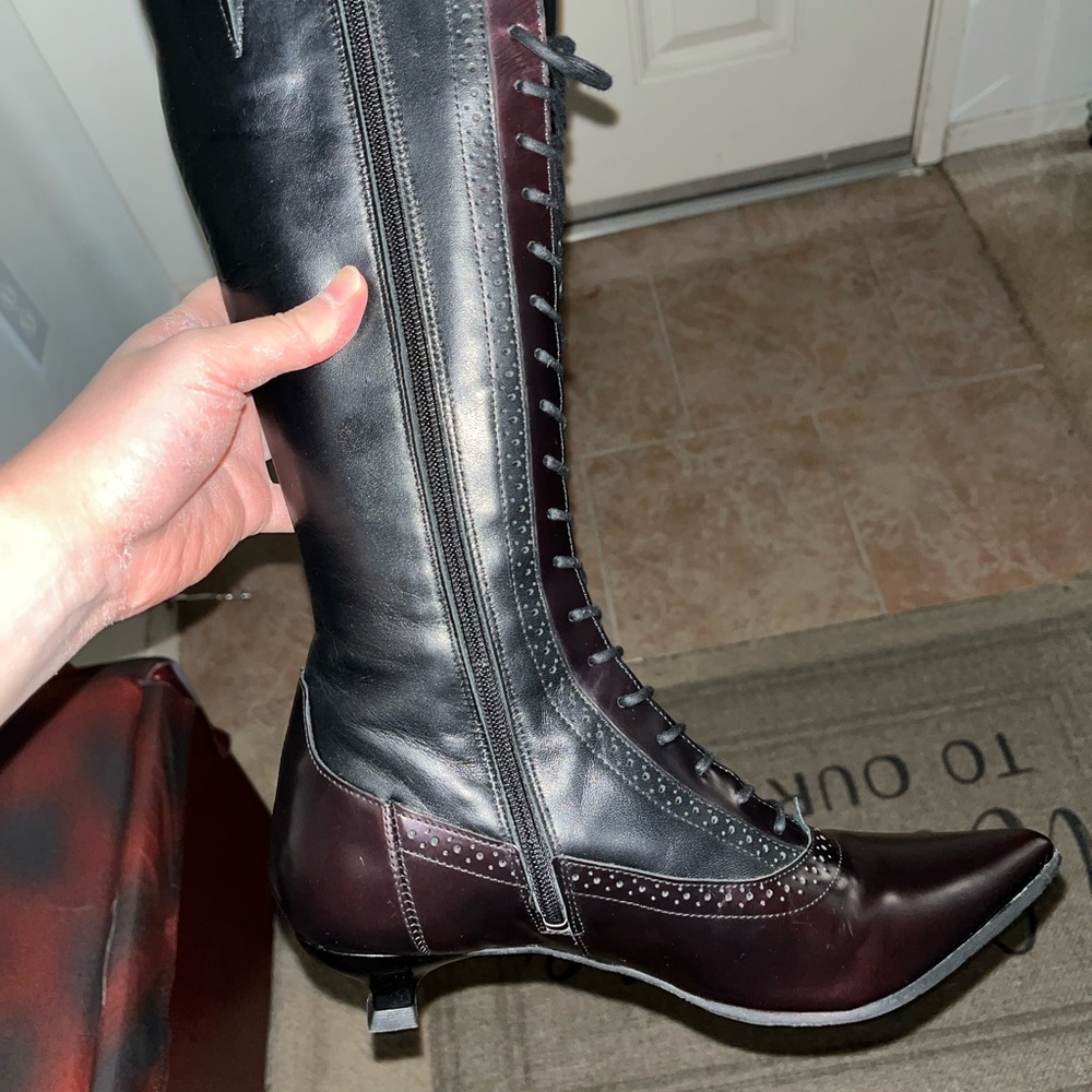 John Fluevog Black and Burgundy Lace Up Boots